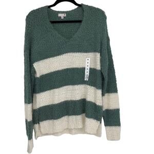 SO Green White Striped Super Soft Fuzzy Long Sweater Medium